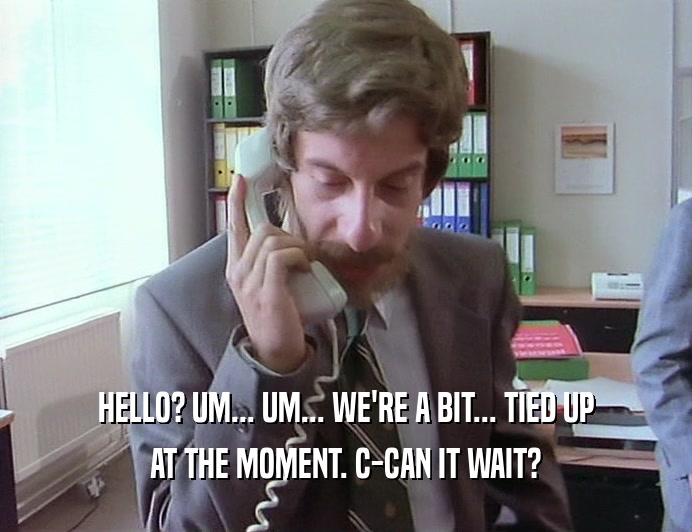 HELLO? UM... UM... WE'RE A BIT... TIED UP AT THE MOMENT. C-CAN IT WAIT? 
