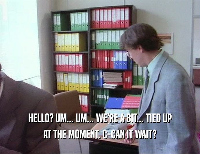 HELLO? UM... UM... WE'RE A BIT... TIED UP AT THE MOMENT. C-CAN IT WAIT? 