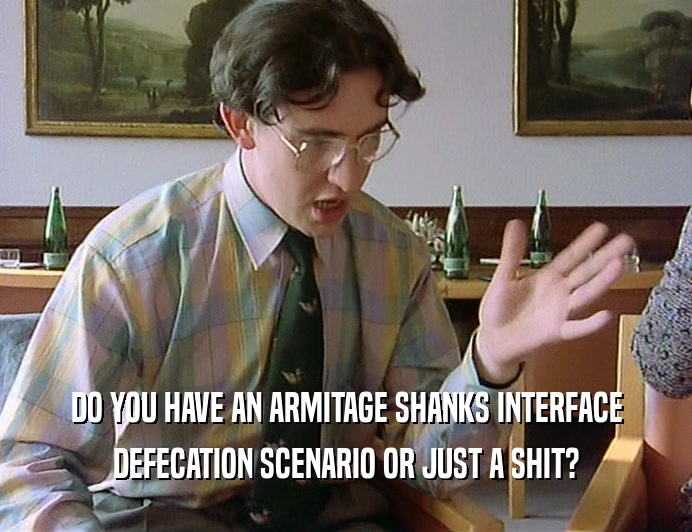 DO YOU HAVE AN ARMITAGE SHANKS INTERFACE
 DEFECATION SCENARIO OR JUST A SHIT?
 
