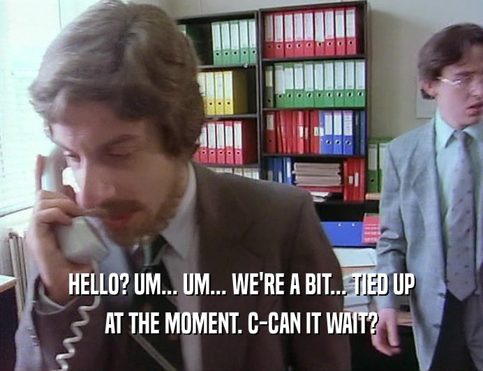 HELLO? UM... UM... WE'RE A BIT... TIED UP AT THE MOMENT. C-CAN IT WAIT? 