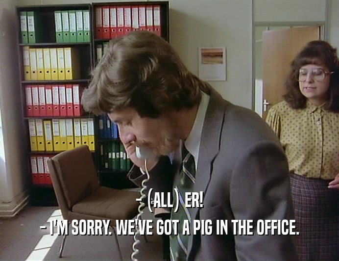 - (ALL) ER!
 - I'M SORRY. WE'VE GOT A PIG IN THE OFFICE.
 
