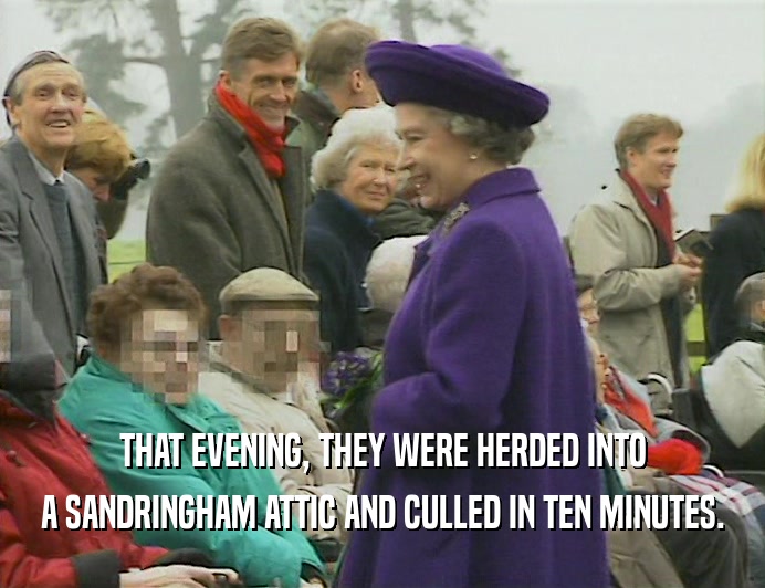 THAT EVENING, THEY WERE HERDED INTO A SANDRINGHAM ATTIC AND CULLED IN TEN MINUTES. 