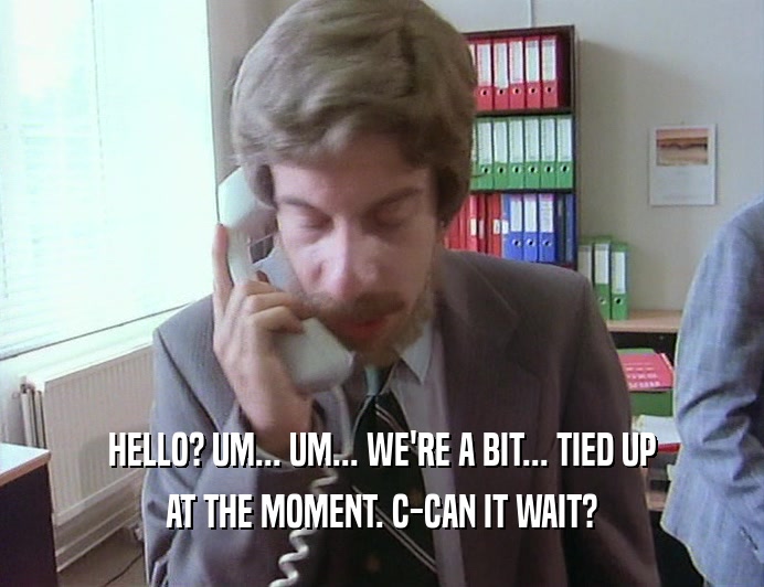 HELLO? UM... UM... WE'RE A BIT... TIED UP AT THE MOMENT. C-CAN IT WAIT? 