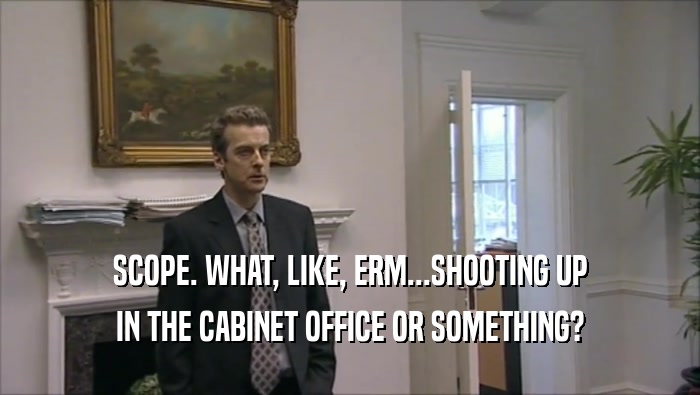SCOPE. WHAT, LIKE, ERM...SHOOTING UP IN THE CABINET OFFICE OR SOMETHING? 