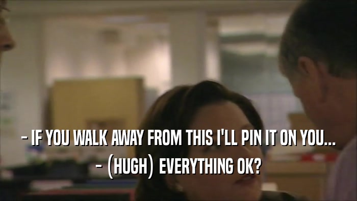 - IF YOU WALK AWAY FROM THIS I'LL PIN IT ON YOU...
 - (HUGH) EVERYTHING OK?
 