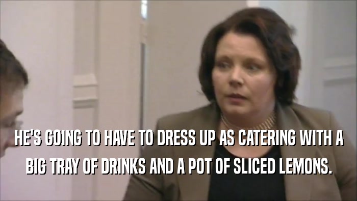 HE'S GOING TO HAVE TO DRESS UP AS CATERING WITH A BIG TRAY OF DRINKS AND A POT OF SLICED LEMONS. 