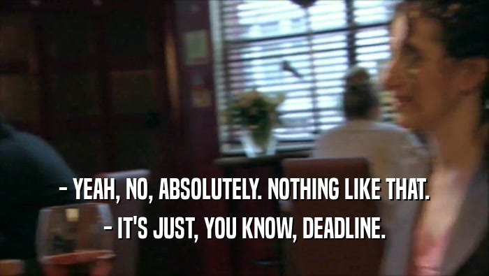- YEAH, NO, ABSOLUTELY. NOTHING LIKE THAT. - IT'S JUST, YOU KNOW, DEADLINE. 