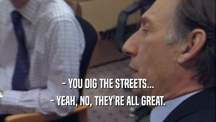 - YOU DIG THE STREETS...
 - YEAH, NO, THEY'RE ALL GREAT.
 