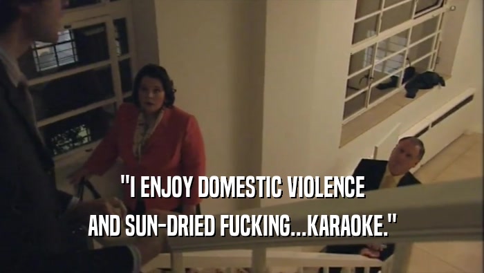 ''I ENJOY DOMESTIC VIOLENCE
 AND SUN-DRIED FUCKING...KARAOKE.''
 