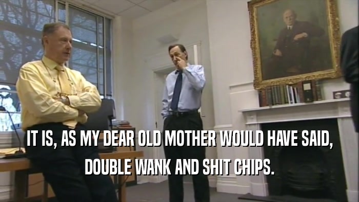 IT IS, AS MY DEAR OLD MOTHER WOULD HAVE SAID, DOUBLE WANK AND SHIT CHIPS. 