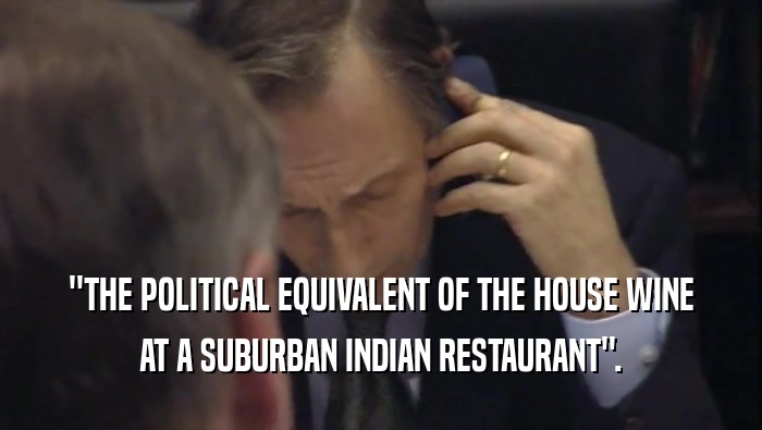 ''THE POLITICAL EQUIVALENT OF THE HOUSE WINE AT A SUBURBAN INDIAN RESTAURANT''. 