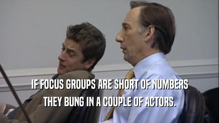 IF FOCUS GROUPS ARE SHORT OF NUMBERS THEY BUNG IN A COUPLE OF ACTORS. 
