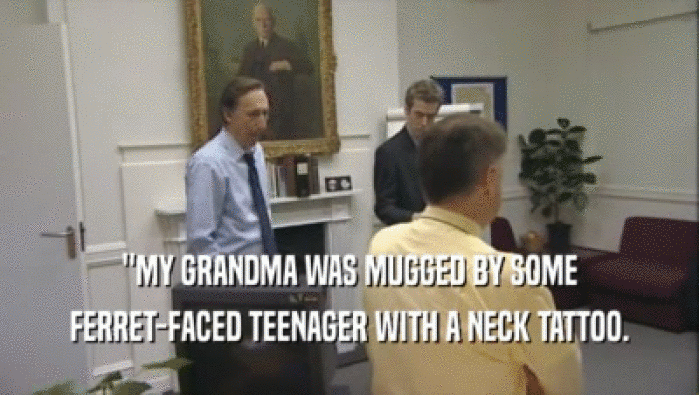 ''MY GRANDMA WAS MUGGED BY SOME FERRET-FACED TEENAGER WITH A NECK TATTOO. 