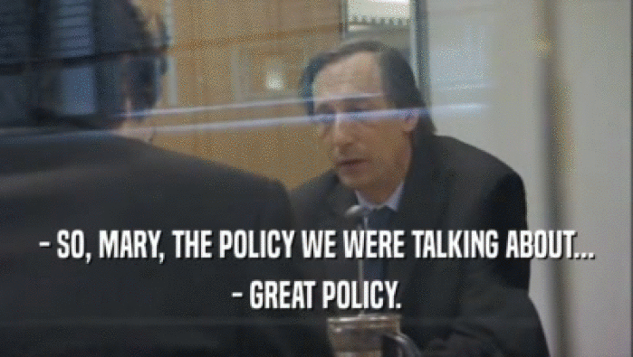 - SO, MARY, THE POLICY WE WERE TALKING ABOUT...
 - GREAT POLICY.
 