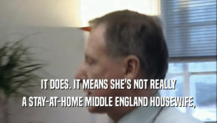 IT DOES. IT MEANS SHE'S NOT REALLY A STAY-AT-HOME MIDDLE ENGLAND HOUSEWIFE, 