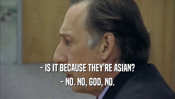 - IS IT BECAUSE THEY'RE ASIAN?
 - NO. NO, GOD, NO.
 