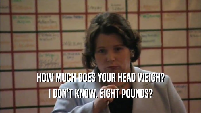 HOW MUCH DOES YOUR HEAD WEIGH? I DON'T KNOW. EIGHT POUNDS? 