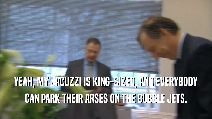 YEAH, MY JACUZZI IS KING-SIZED, AND EVERYBODY CAN PARK THEIR ARSES ON THE BUBBLE JETS. 