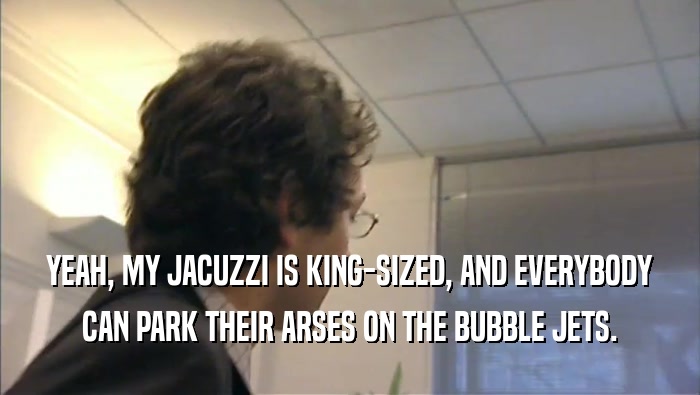 YEAH, MY JACUZZI IS KING-SIZED, AND EVERYBODY CAN PARK THEIR ARSES ON THE BUBBLE JETS. 