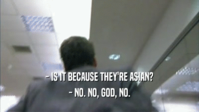 - IS IT BECAUSE THEY'RE ASIAN?
 - NO. NO, GOD, NO.
 