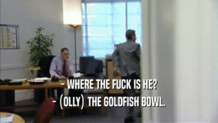- WHERE THE FUCK IS HE?
 - (OLLY) THE GOLDFISH BOWL.
 