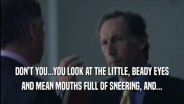 DON'T YOU...YOU LOOK AT THE LITTLE, BEADY EYES AND MEAN MOUTHS FULL OF SNEERING, AND... 