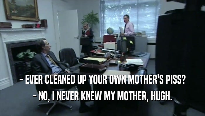 - EVER CLEANED UP YOUR OWN MOTHER'S PISS? - NO, I NEVER KNEW MY MOTHER, HUGH. 