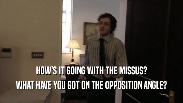HOW'S IT GOING WITH THE MISSUS? WHAT HAVE YOU GOT ON THE OPPOSITION ANGLE? 