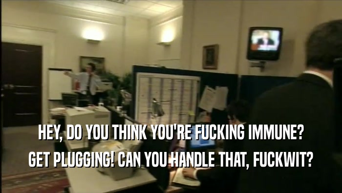 HEY, DO YOU THINK YOU'RE FUCKING IMMUNE? GET PLUGGING! CAN YOU HANDLE THAT, FUCKWIT? 
