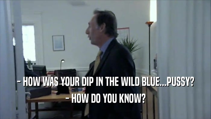 - HOW WAS YOUR DIP IN THE WILD BLUE...PUSSY? - HOW DO YOU KNOW? 