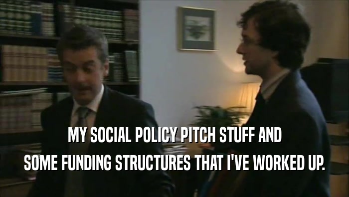 MY SOCIAL POLICY PITCH STUFF AND SOME FUNDING STRUCTURES THAT I'VE WORKED UP. 