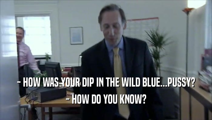 - HOW WAS YOUR DIP IN THE WILD BLUE...PUSSY? - HOW DO YOU KNOW? 