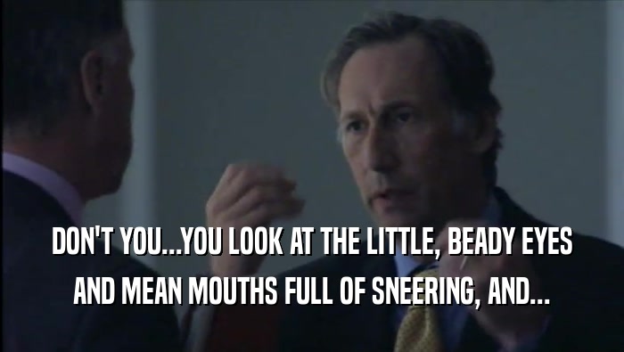 DON'T YOU...YOU LOOK AT THE LITTLE, BEADY EYES AND MEAN MOUTHS FULL OF SNEERING, AND... 