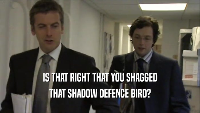 IS THAT RIGHT THAT YOU SHAGGED THAT SHADOW DEFENCE BIRD? 