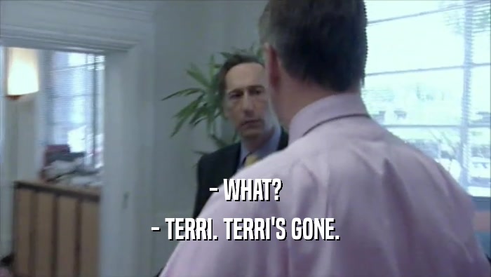 - WHAT?
 - TERRI. TERRI'S GONE.
 