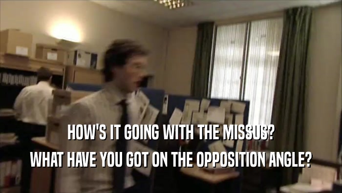 HOW'S IT GOING WITH THE MISSUS? WHAT HAVE YOU GOT ON THE OPPOSITION ANGLE? 