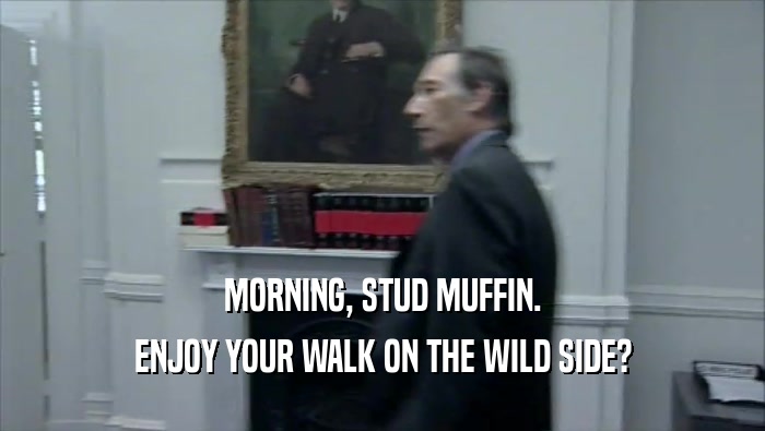 MORNING, STUD MUFFIN.
 ENJOY YOUR WALK ON THE WILD SIDE?
 