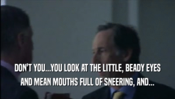 DON'T YOU...YOU LOOK AT THE LITTLE, BEADY EYES AND MEAN MOUTHS FULL OF SNEERING, AND... 