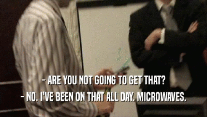 - ARE YOU NOT GOING TO GET THAT? - NO. I'VE BEEN ON THAT ALL DAY. MICROWAVES. 
