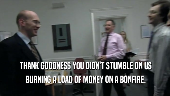  THANK GOODNESS YOU DIDN'T STUMBLE ON US  BURNING A LOAD OF MONEY ON A BONFIRE. 