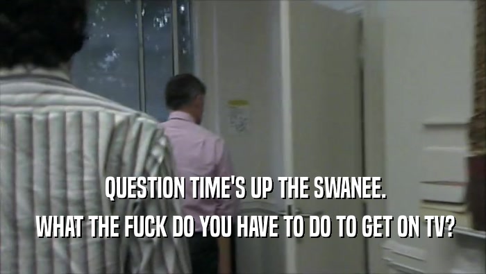  QUESTION TIME'S UP THE SWANEE.  WHAT THE FUCK DO YOU HAVE TO DO TO GET ON TV? 