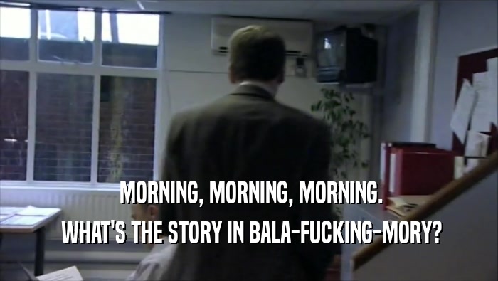  MORNING, MORNING, MORNING.
  WHAT'S THE STORY IN BALA-FUCKING-MORY?
 