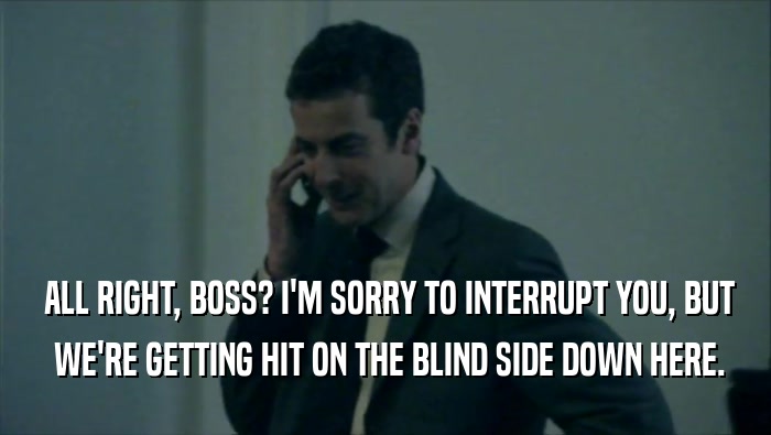  ALL RIGHT, BOSS? I'M SORRY TO INTERRUPT YOU, BUT  WE'RE GETTING HIT ON THE BLIND SIDE DOWN HERE. 