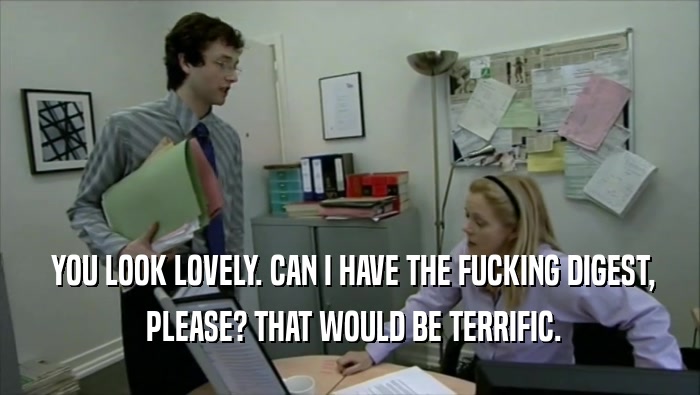  YOU LOOK LOVELY. CAN I HAVE THE FUCKING DIGEST,  PLEASE? THAT WOULD BE TERRIFIC. 