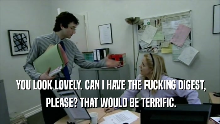  YOU LOOK LOVELY. CAN I HAVE THE FUCKING DIGEST,  PLEASE? THAT WOULD BE TERRIFIC. 