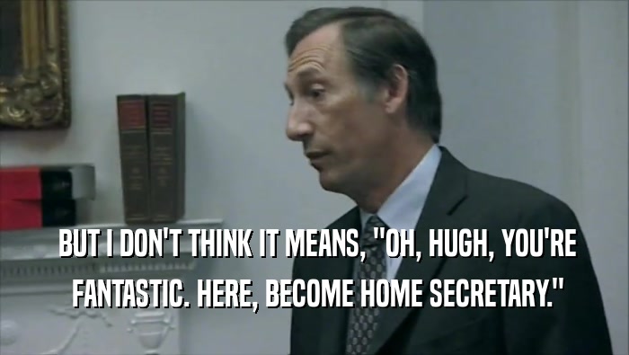  BUT I DON'T THINK IT MEANS, ''OH, HUGH, YOU'RE  FANTASTIC. HERE, BECOME HOME SECRETARY.'' 