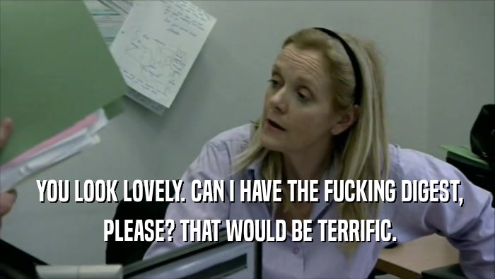  YOU LOOK LOVELY. CAN I HAVE THE FUCKING DIGEST,  PLEASE? THAT WOULD BE TERRIFIC. 