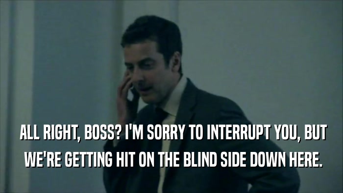  ALL RIGHT, BOSS? I'M SORRY TO INTERRUPT YOU, BUT  WE'RE GETTING HIT ON THE BLIND SIDE DOWN HERE. 