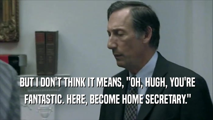  BUT I DON'T THINK IT MEANS, ''OH, HUGH, YOU'RE  FANTASTIC. HERE, BECOME HOME SECRETARY.'' 