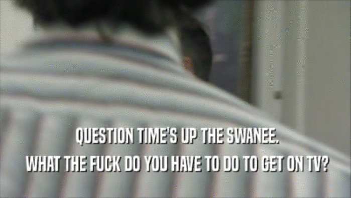  QUESTION TIME'S UP THE SWANEE.
  WHAT THE FUCK DO YOU HAVE TO DO TO GET ON TV?
 